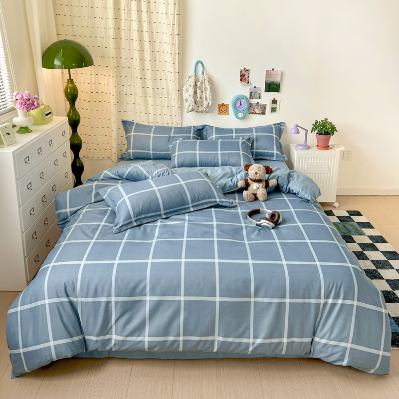 4PCS Light Blue Grid Bedding S - Linen Duvet Cover review and price