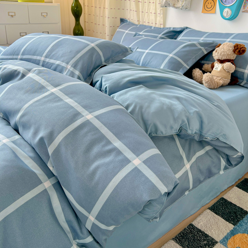 4PCS Light Blue Grid Bedding S - Linen Duvet Cover review and price