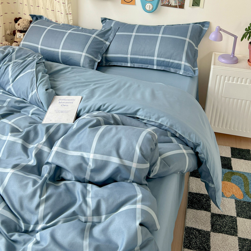 4PCS Light Blue Grid Bedding S - Linen Duvet Cover review and price